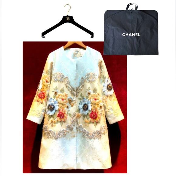 French Jacquard Coat w/3D Beaded Embellishment, Chanel Garment Bag & Hanger, EUC - Picture 1 of 14